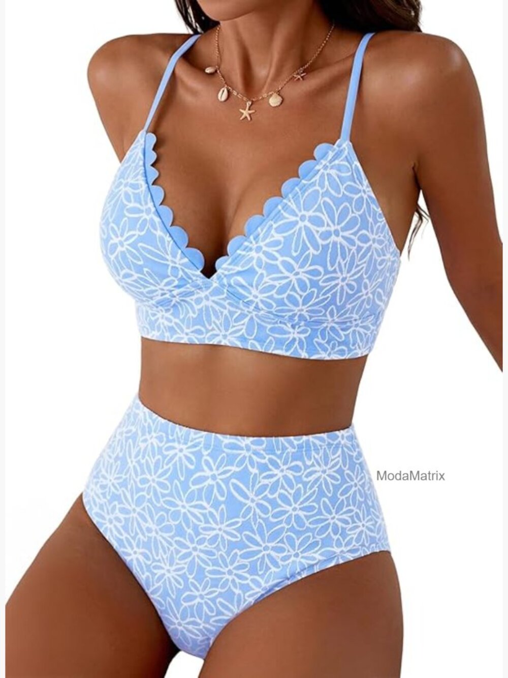 Medium High Waisted Bikini Set with Embroidered Flowers and V Neck